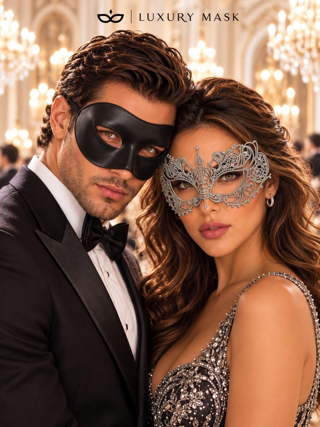 Black & Silver matching masquerade masks for couples, men’s Venetian and women’s lace eye masks – view 2