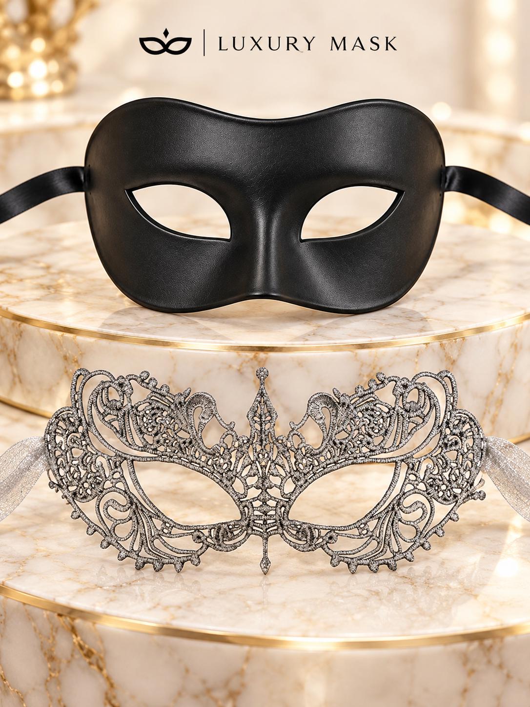 Black & Silver matching masquerade masks for couples, men’s Venetian and women’s lace eye masks – view 6