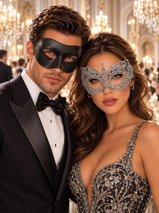 Black & Silver matching masquerade masks for couples, men’s Venetian and women’s lace eye masks – view 1