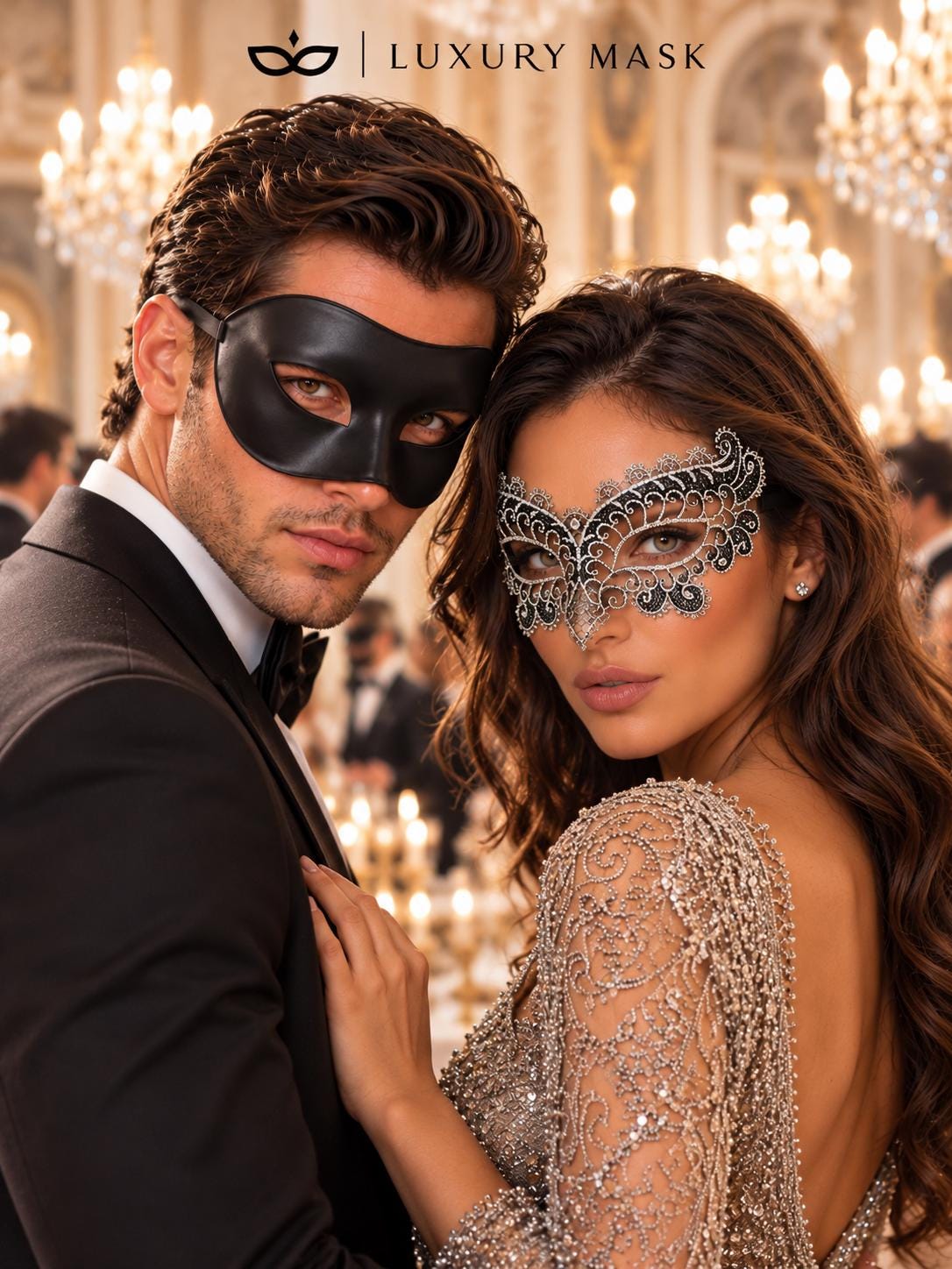 Black & Silver matching masquerade masks for couples, men’s Venetian and women’s lace eye masks – view 3