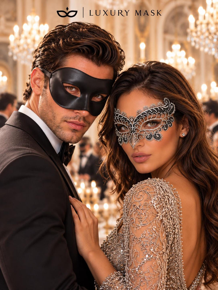 Black & Silver matching masquerade masks for couples, men’s Venetian and women’s lace eye masks – view 3