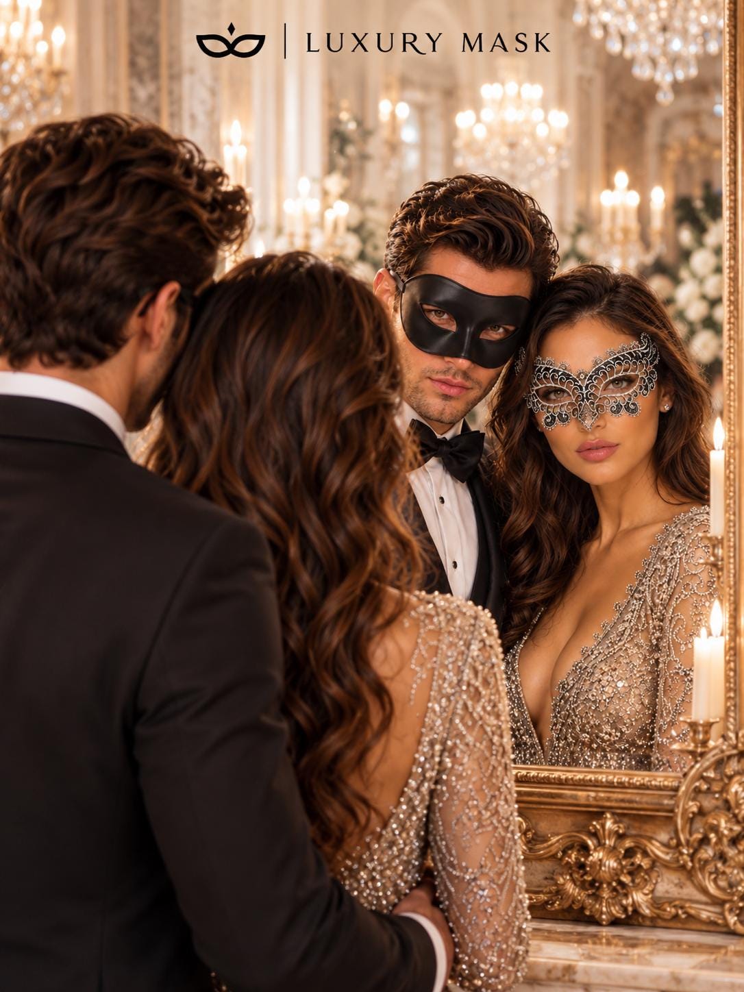 Black & Silver matching masquerade masks for couples, men’s Venetian and women’s lace eye masks – view 4