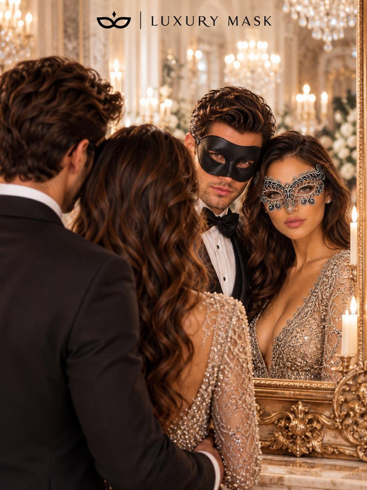 Black & Silver matching masquerade masks for couples, men’s Venetian and women’s lace eye masks – view 4