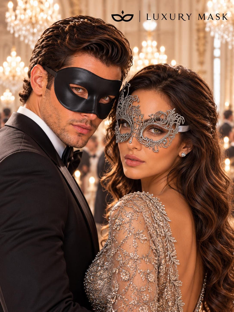 Black & Silver matching masquerade masks for couples, men’s Venetian and women’s lace eye masks – view 2