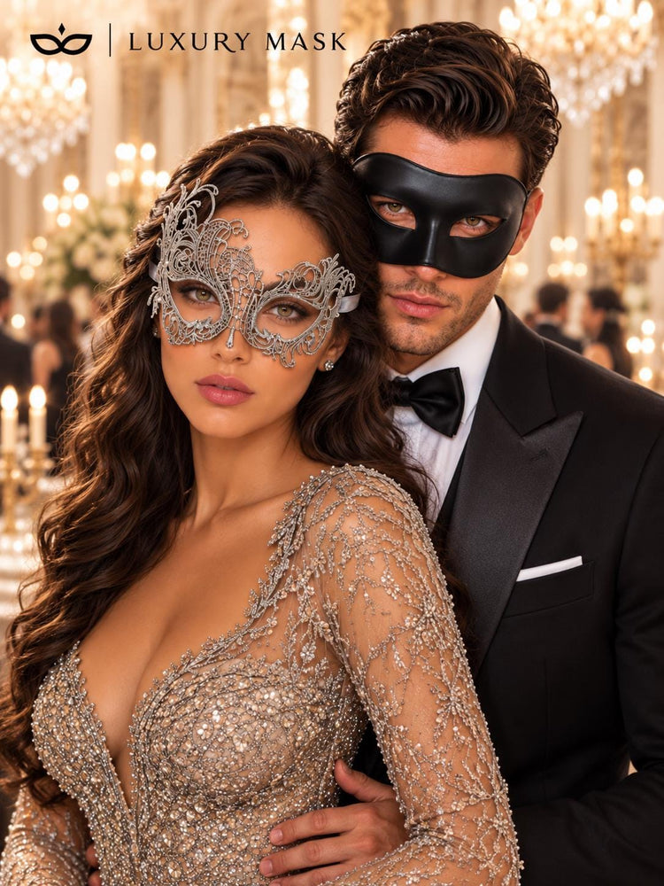 Black & Silver matching masquerade masks for couples, men’s Venetian and women’s lace eye masks – view 3