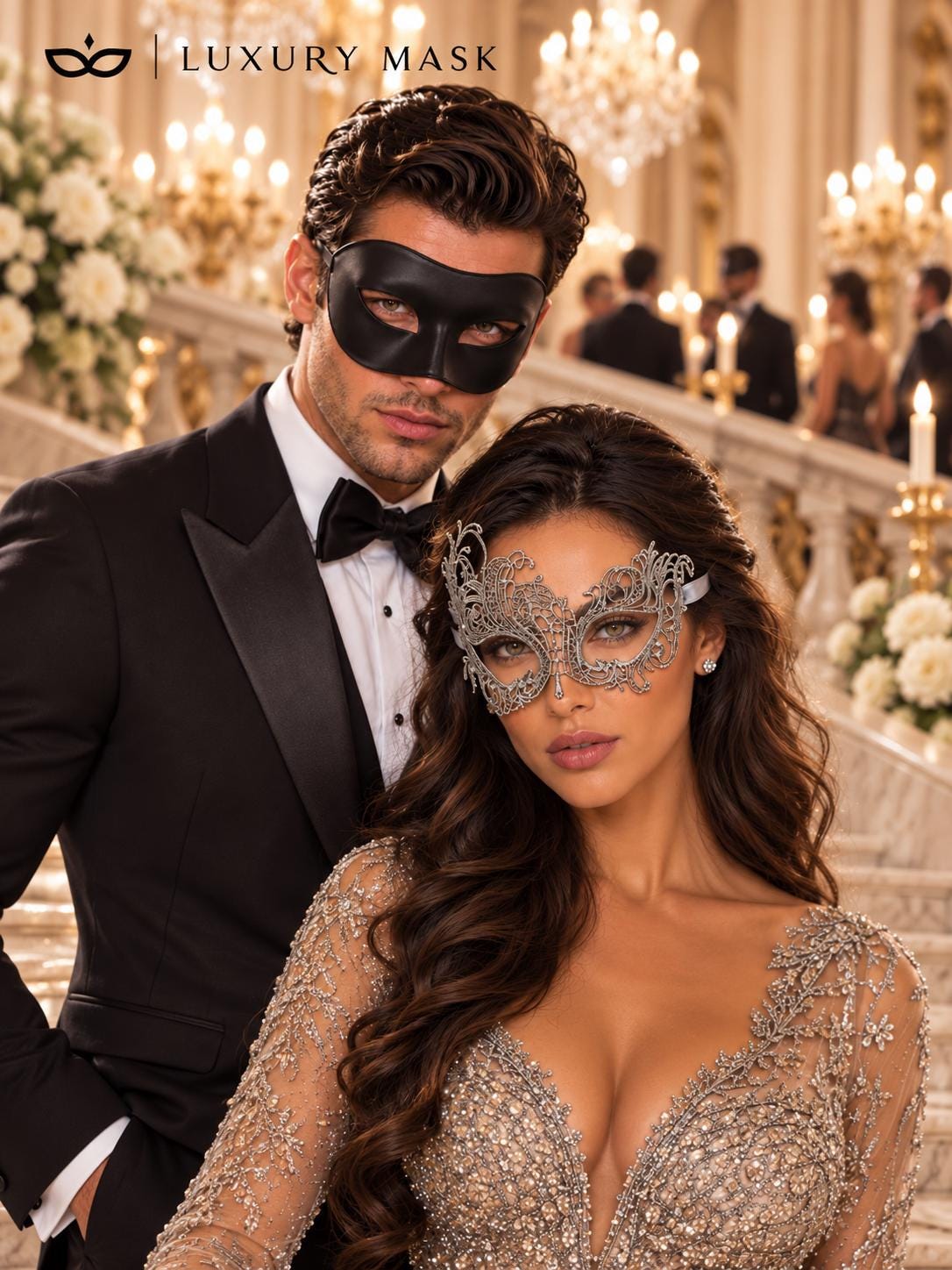 Black & Silver matching masquerade masks for couples, men’s Venetian and women’s lace eye masks – view 4