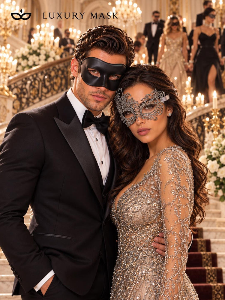 Black & Silver matching masquerade masks for couples, men’s Venetian and women’s lace eye masks – view 5