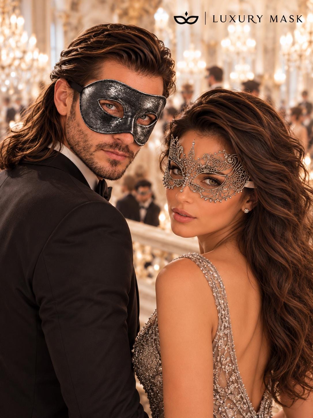 Black & Silver matching masquerade masks for couples, men’s Venetian and women’s lace eye masks – view 3