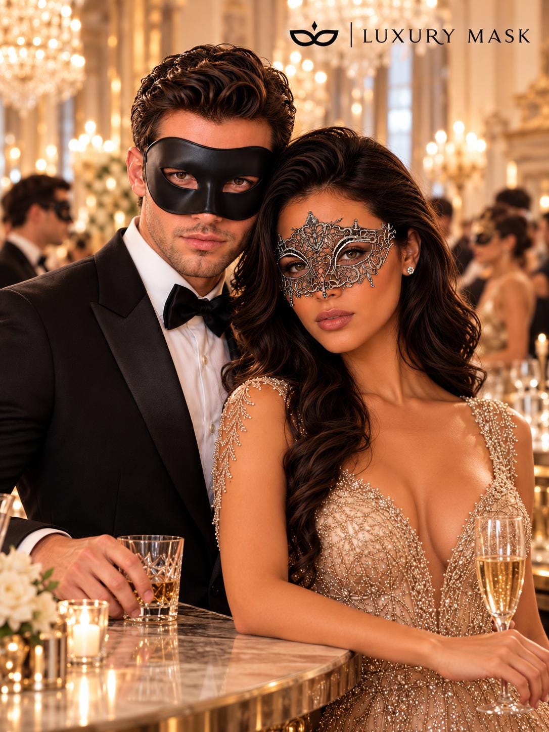 Black & Silver matching masquerade masks for couples, men’s Venetian and women’s lace eye masks – view 5