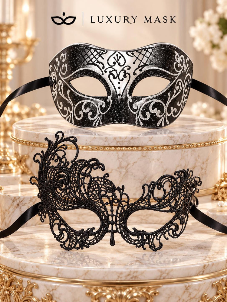 Black & Silver matching masquerade masks for couples, men’s Venetian and women’s lace eye masks – view 6