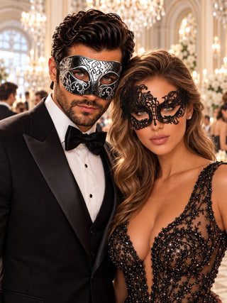 Black & Silver matching masquerade masks for couples, men’s Venetian and women’s lace eye masks – view 1