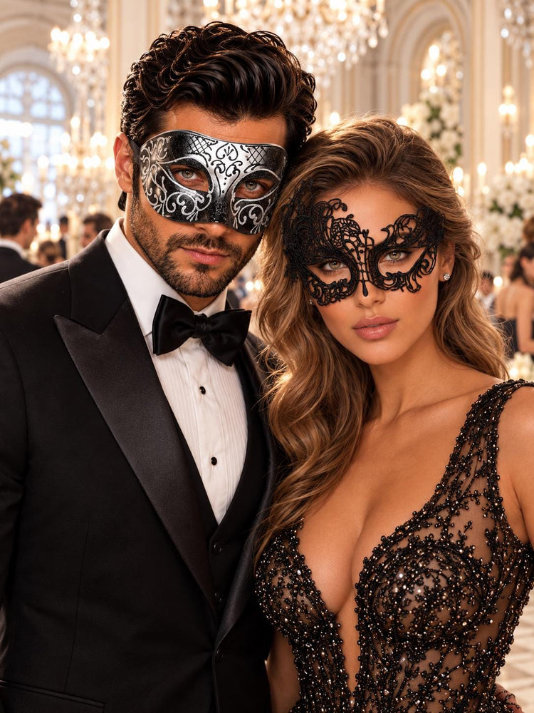 Black & Silver matching masquerade masks for couples, men’s Venetian and women’s lace eye masks – view 1