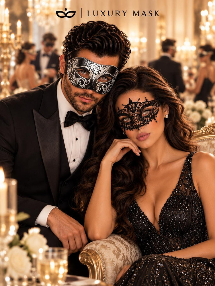 Black & Silver matching masquerade masks for couples, men’s Venetian and women’s lace eye masks – view 5