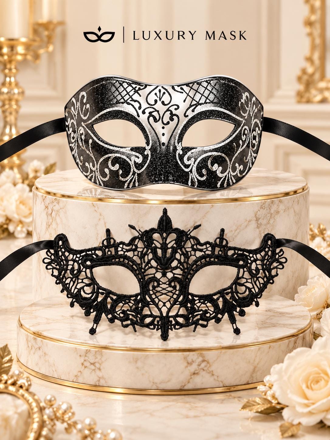 Black & Silver matching masquerade masks for couples, men’s Venetian and women’s lace eye masks – view 6