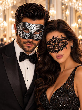 Black & Silver matching masquerade masks for couples, men’s Venetian and women’s lace eye masks – view 1