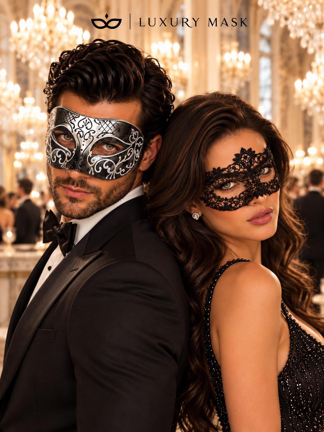 Black & Silver matching masquerade masks for couples, men’s Venetian and women’s lace eye masks – view 3
