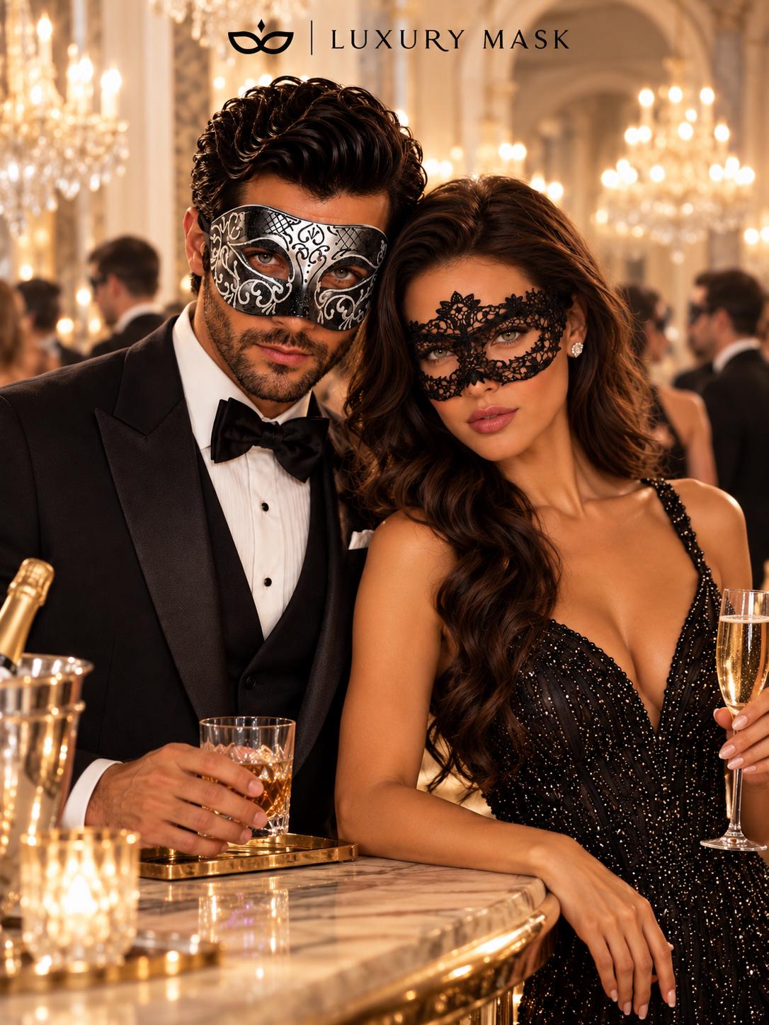 Black & Silver matching masquerade masks for couples, men’s Venetian and women’s lace eye masks – view 5