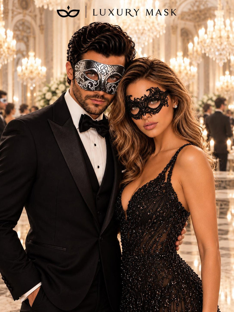 Black & Silver matching masquerade masks for couples, men’s Venetian and women’s lace eye masks – view 2