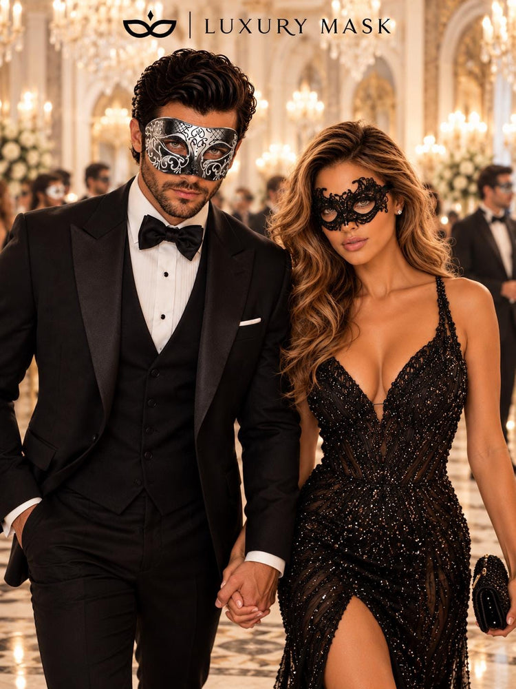 Black & Silver matching masquerade masks for couples, men’s Venetian and women’s lace eye masks – view 3