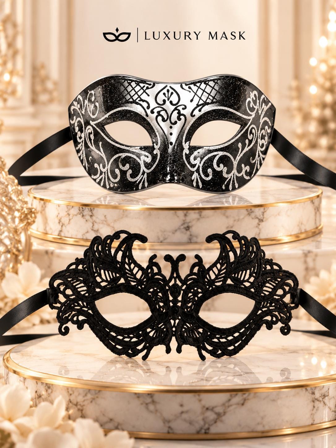 Black & Silver matching masquerade masks for couples, men’s Venetian and women’s lace eye masks – view 6