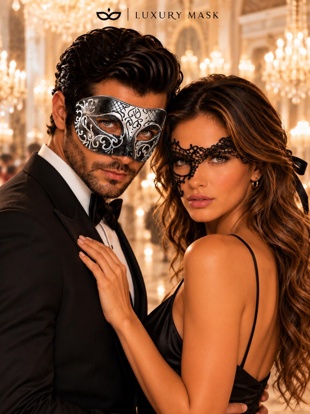 Black & Silver matching masquerade masks for couples, men’s Venetian and women’s lace eye masks – view 2