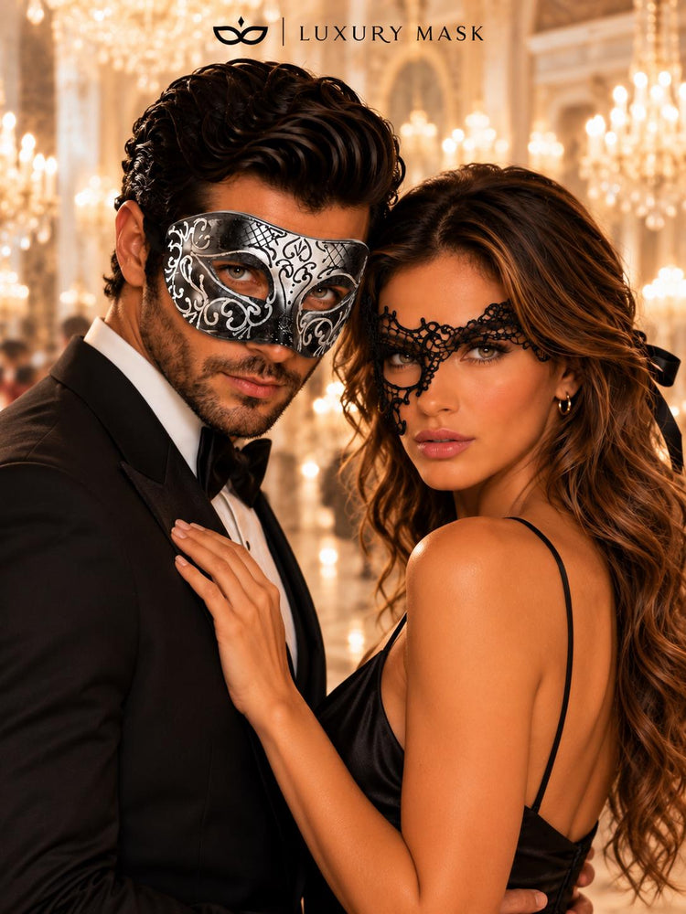 Black & Silver matching masquerade masks for couples, men’s Venetian and women’s lace eye masks – view 2
