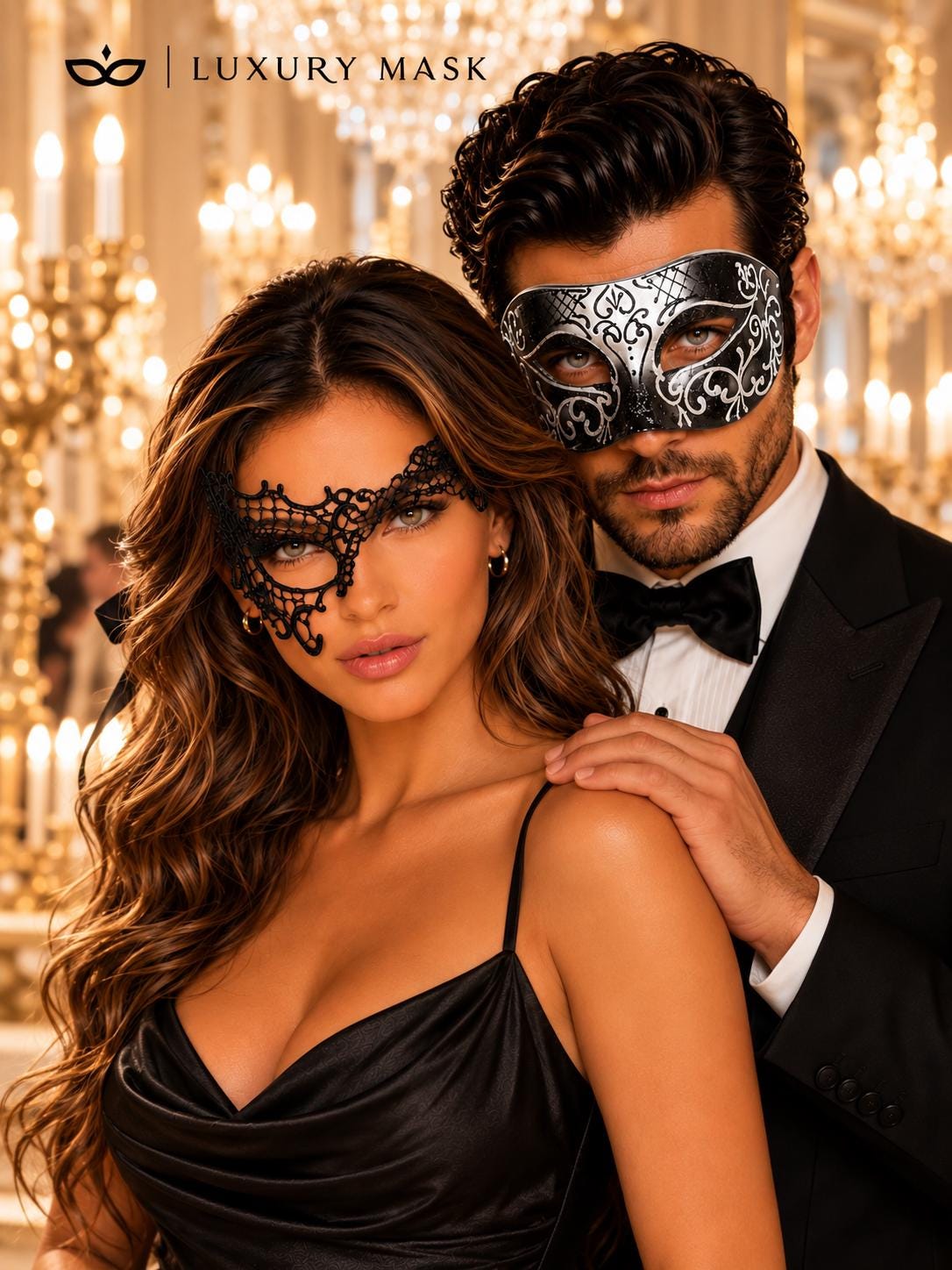 Black & Silver matching masquerade masks for couples, men’s Venetian and women’s lace eye masks – view 3