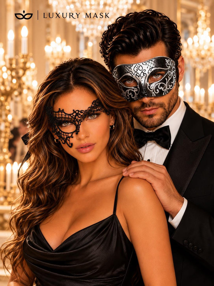 Black & Silver matching masquerade masks for couples, men’s Venetian and women’s lace eye masks – view 3