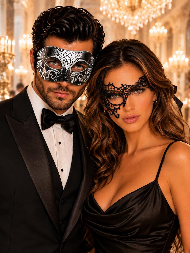 Black & Silver matching masquerade masks for couples, men’s Venetian and women’s lace eye masks – view 1