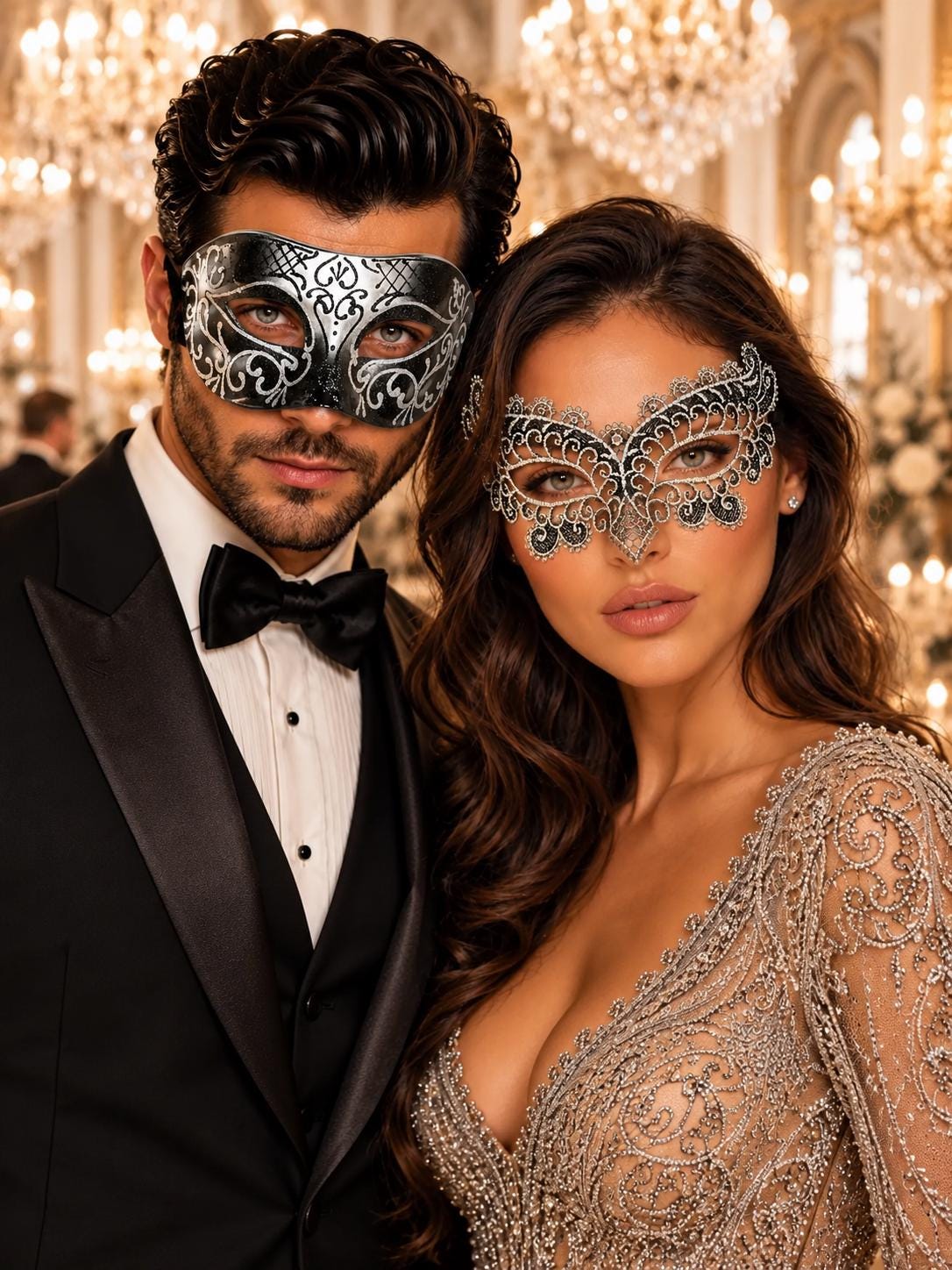 Black & Silver matching masquerade masks for couples, men’s Venetian and women’s lace eye masks – view 1