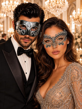 Black & Silver matching masquerade masks for couples, men’s Venetian and women’s lace eye masks – view 1