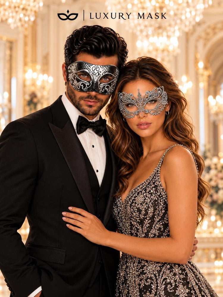 Black & Silver matching masquerade masks for couples, men’s Venetian and women’s lace eye masks – view 5