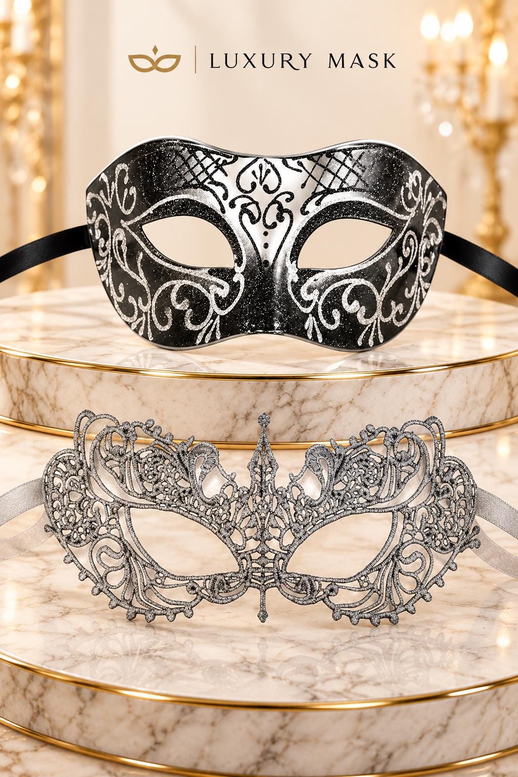 Black & Silver matching masquerade masks for couples, men’s Venetian and women’s lace eye masks – view 6
