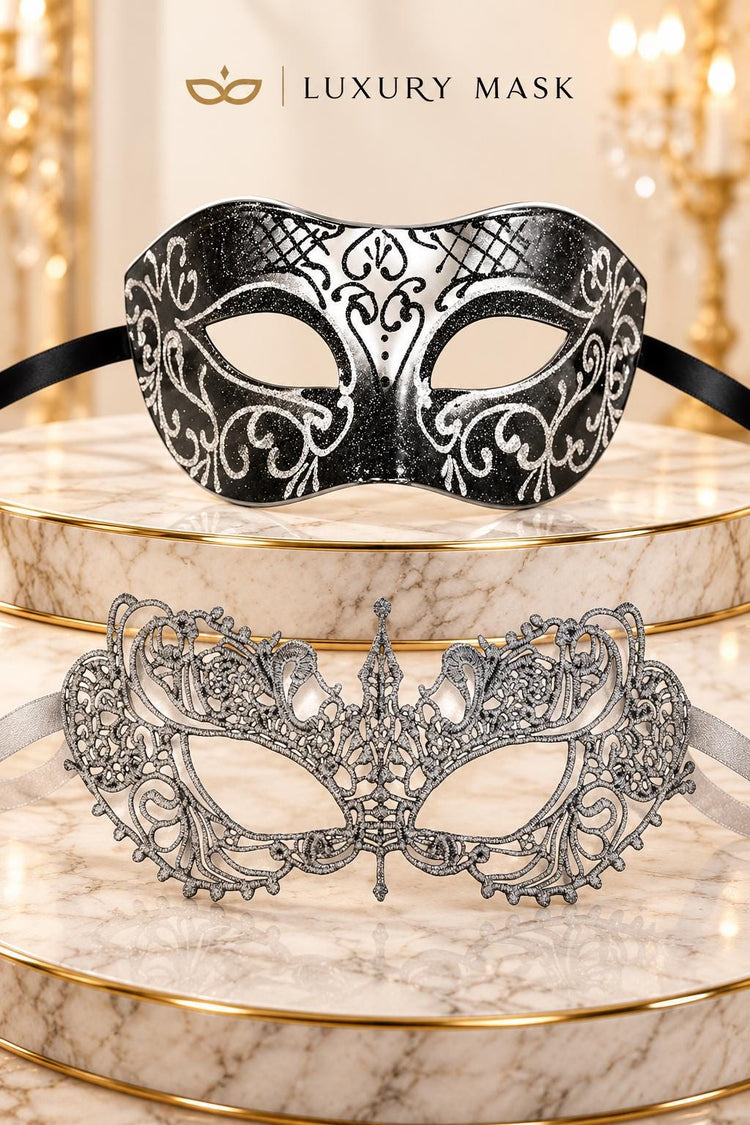 Black & Silver matching masquerade masks for couples, men’s Venetian and women’s lace eye masks – view 6