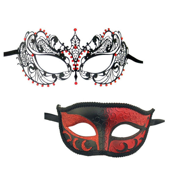 Couple's Laser cut Masquerade Mask Set Black Red Stones - Luxury Mask