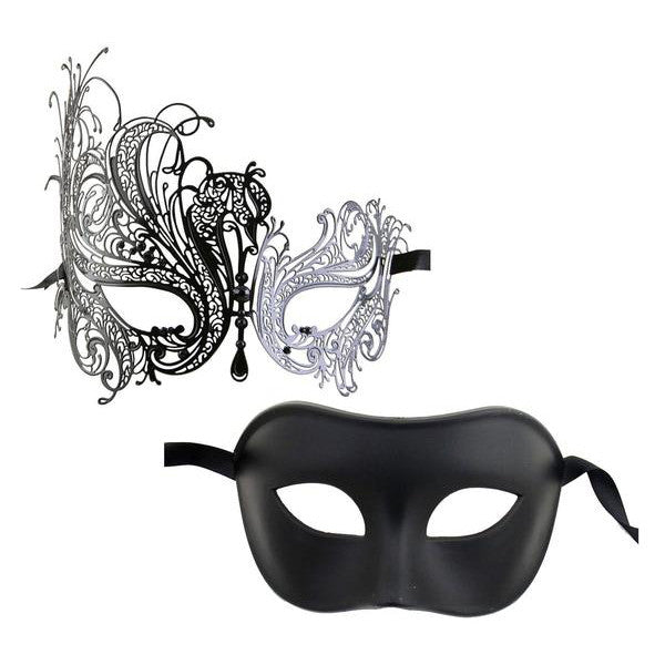Couple's SWAN Masquerade Mask Set Black with Black Stones - Luxury Mask