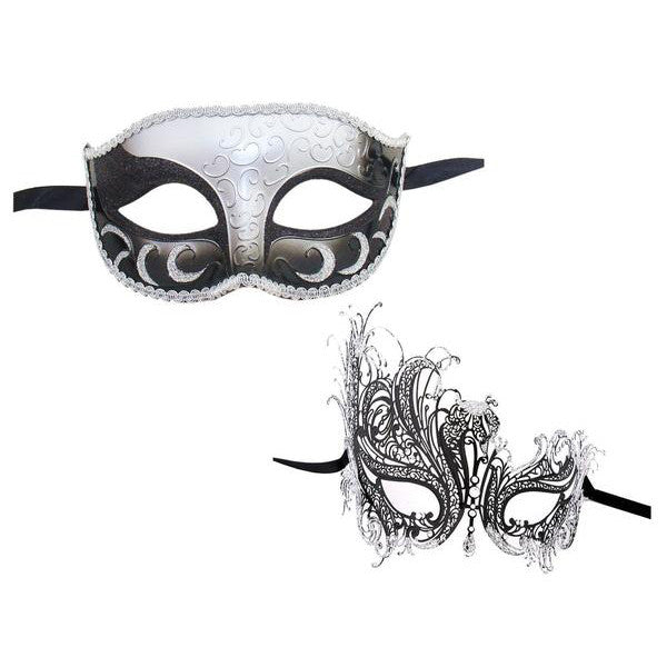 Couple's SWAN Masquerade Mask Set BLACK SILVER - Luxury Mask