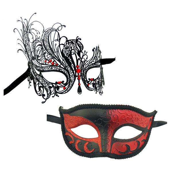 Couple's SWAN Masquerade Mask Set Black Red Stones - Luxury Mask