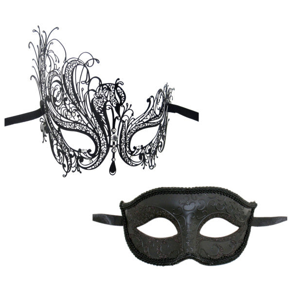 Couple's SWAN Masquerade Mask Set Black Clear Stones - Luxury Mask