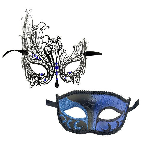 Couple's SWAN Masquerade Mask Set Black with Blue Stones - Luxury Mask