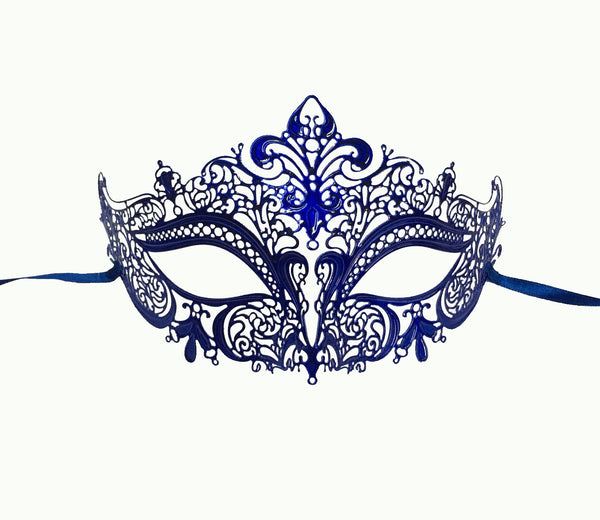 BLUE Women's Laser Cut Metal Venetian Masquerade Crown Mask - Luxury Mask